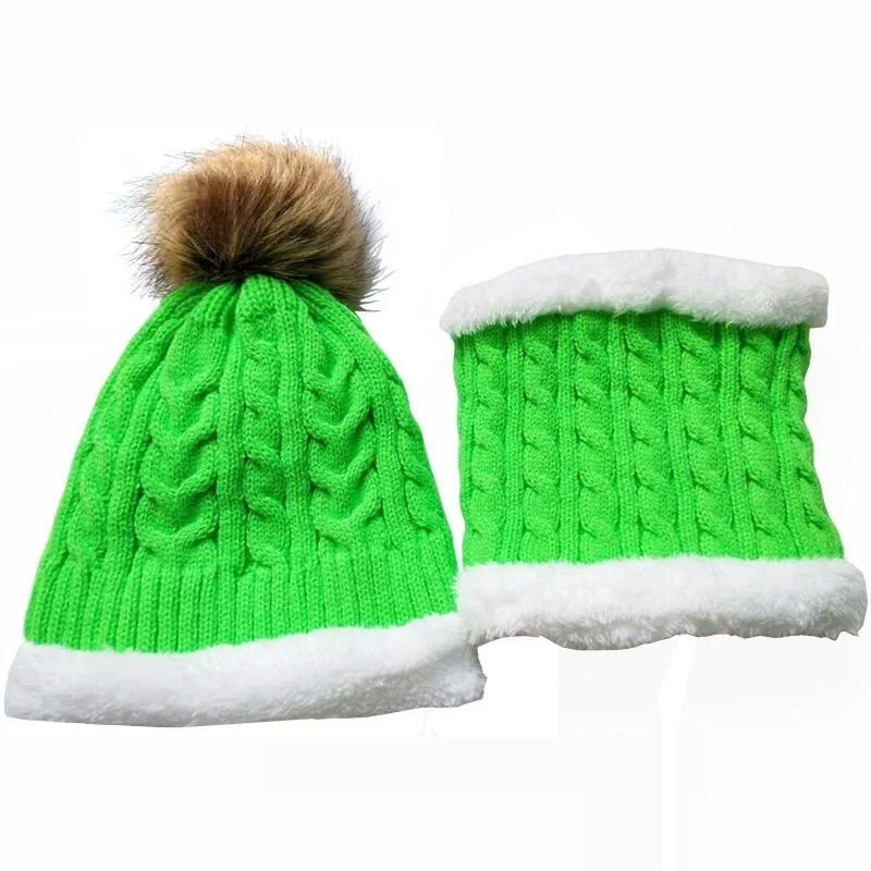 Новые модные детские шапки для девочек, детская шапка для мальчиков, бархатная осенне-зимняя шапка для девочек с помпоном, набор из шапки и шарфа - Цвет: green