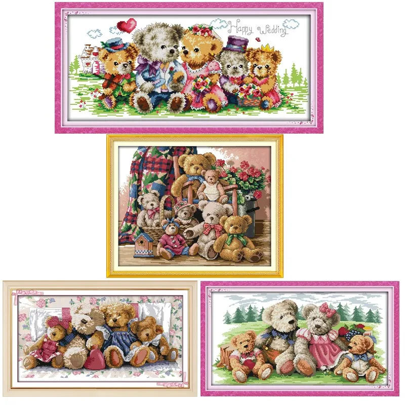 

Teddy Bear Family Cartoon Toy Painting Counted Printed On Canvas DMC 11CT 14CT Chinese Cross Stitch kit Embroider Needlework Set