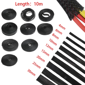 

10M Black Insulation Braided Sleeving 4/6/8/10/12/15/20/25mm Tight PET Wire Cables Protection Expandable Cable Sleeve Wire Gland
