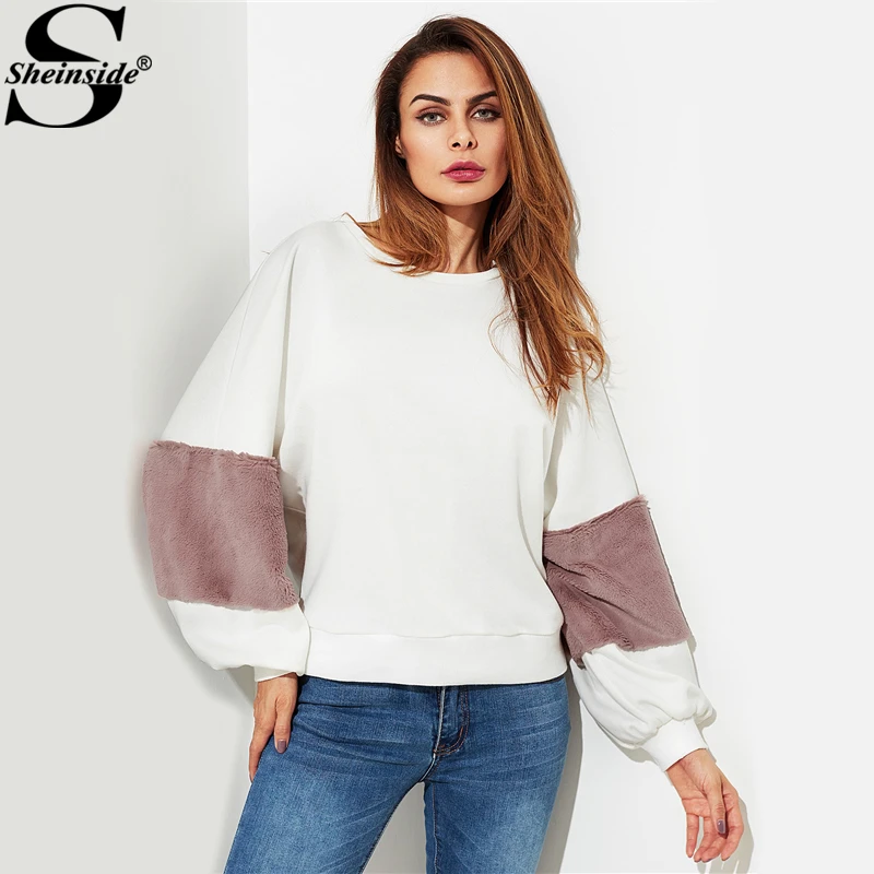 

Sheinside Fuzzy Fabric Detail Exaggerate Sleeve Color Block Pullover Women Spring Long Sleeve Colorblock Top Casual Sweatshirt