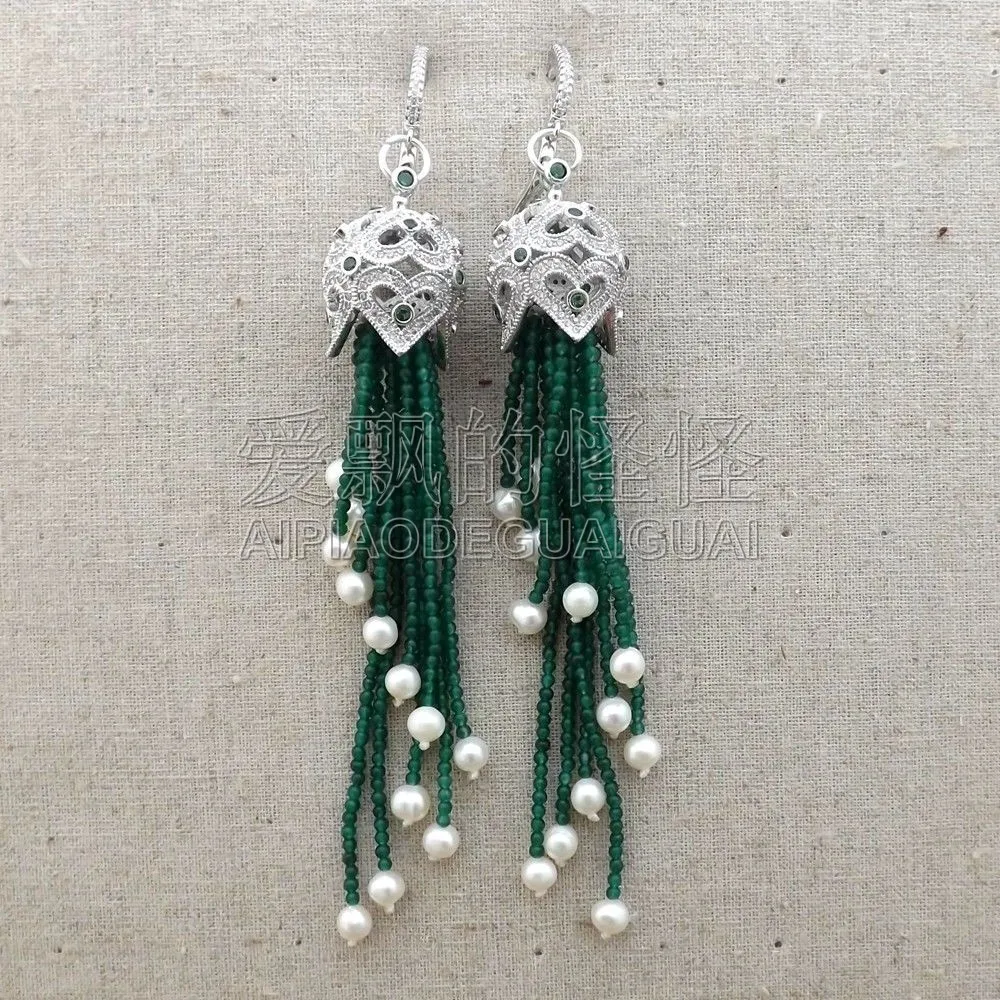 

E070913 White Pearl Green CZ Earrings