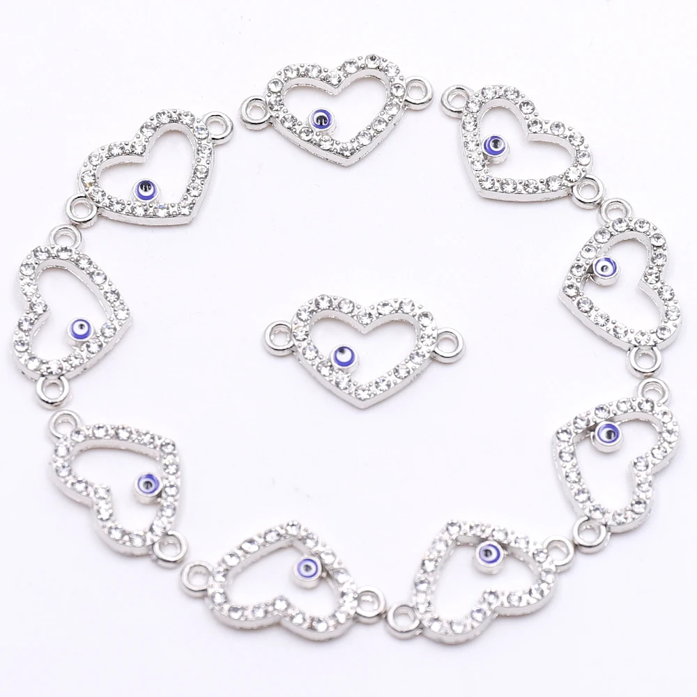 

Wholesale Evil Eye Sliver Heart Shaped Rhinestone Connectors Charms for Jewelry Making Silver Connectors for Bracelets Making