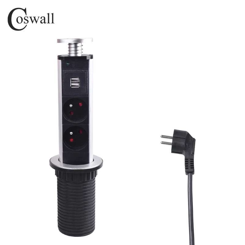 

COSWALL 16A PULL POP UP 2 French Socket 2 USB Charging Port Kitchen Table Desktop Sockets Retractable Countertops Worktop Plug