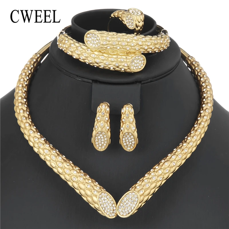 

CWEEL Choker Necklace Bridal Jewelry Sets Indian African Beads Jewelry Set Ethiopian Costume Dubai Jewellery Set For Brides