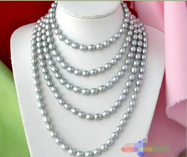 

p1050 LONG 100" 11MM GRAY RICE FW CULTURED PEARL NECKLACE ^^^@^Noble style Natural Fine jewe FREE SHIPPING