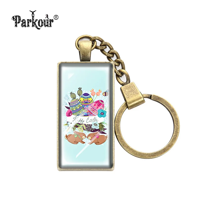 cheap Happy Easter Day Keychain Glass Cabochon Bunny Easter Sunday Key Chains Glass Dome Children Key Ring Handmade Jewelry Key Holder