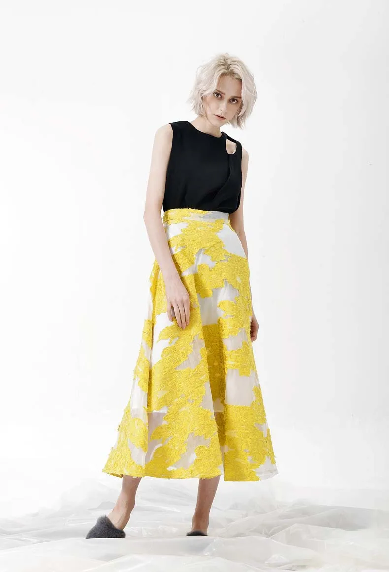 Новое поступление Для женщин юбки макси длинные вышивка сетки лоскутное 50 s Дизайнер Высокое качество женской линии юбки синий желтый