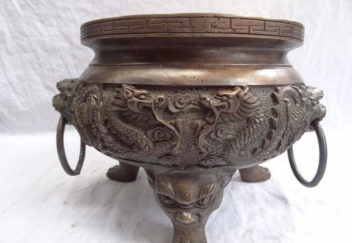 

shipping USPS to USA S1696 14" Tibet Bronze Dragon Ball Lion Head Statue Bowl Tripod Incense Burner Censer