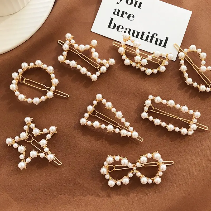

1Pc Chic Women Girls Imitiation Pearl Hair Clip Geometric Round Triangle Hairpins Styling Hair Accessories Hollow Hairgrip