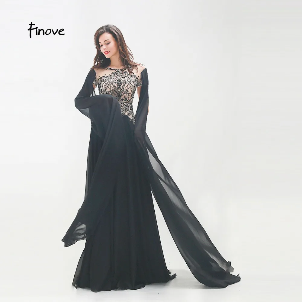 Finove New Style Long Evening Dress Woman Chic Evening Gown Beading Full Sleeved Floor Length Formal Clothing Plus Size