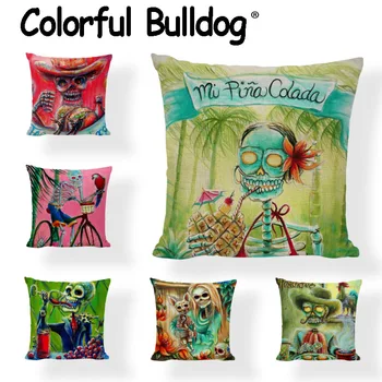 

High Quality Sugar Skull Cushion Covers Wine Tropical Tree Parrot Painted Linen Home Decor Camping Chair Modern Art Pillows Case