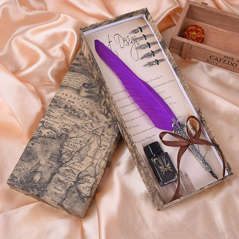 Artigos de Papelaria Caneta de Pena com Caixa de Presente Cores Vintage Colorido Pena Fountain Pen Grupo Antique Dip Escrita Tinta Definir Dom Yj-2025 10 5 Set Antique Dip Escrita Tinta Definir Dom