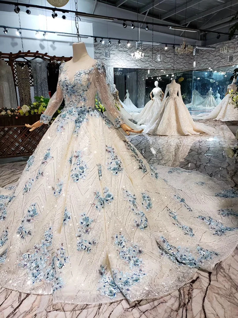 LS20432G мусульманское бальное платье свадебное платье с синими цветами о-образным вырезом на шнуровке сзади свадебное платье со шлейфом vestido de festa longo