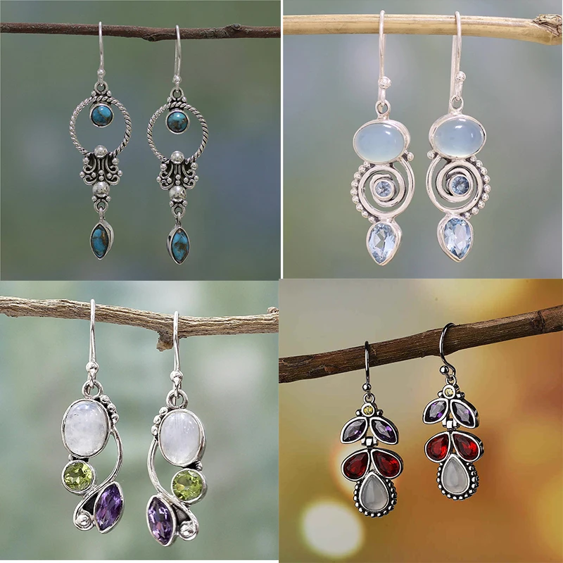 

Vintage Boho Style Colorful Moonstone Drop Dangle Earrings For Women Silver Plate Statement Party Jewelry Retro Trendy Gifts