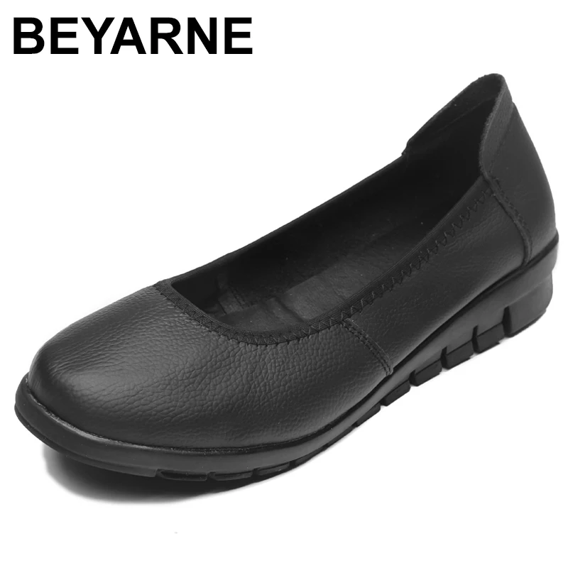 BEYARNEClassic Black Ballet Flats Shoes Women 2019 Genuine Leather Small Wedges Low Heel Shallow Comfortable Work ShoesWomanE111