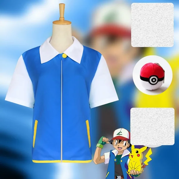 Аниме покемон косплей Ash Ketchum косплей костюм синяя куртка шляпа перчатки Poke Ball полный комплект костюмы на Хэллоуин - Цвет: Jacket and Ball