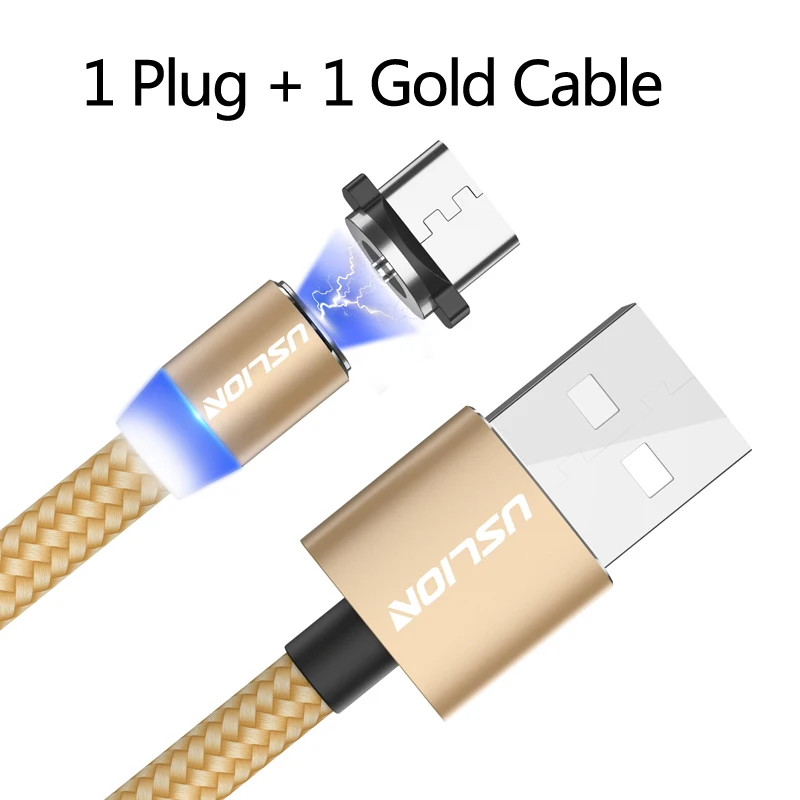 USLION 1 м светодиодный магнитный кабель и Micro USB кабель и usb type C Магнитный зарядный кабель для samsung S10 iPhone Xs Max XR X 8 7 6 Plus - Цвет: Gold