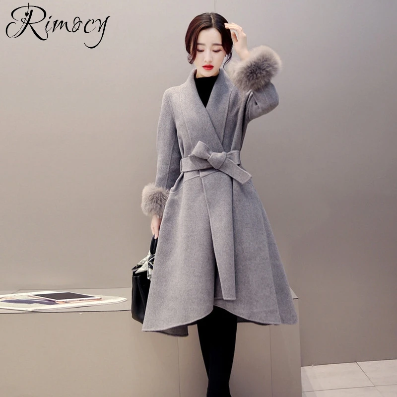 Rimocy women long wool coats turn down collar belt blends