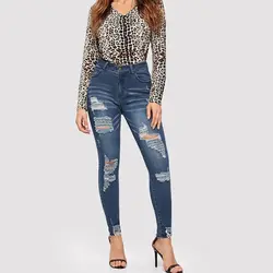 Однотонные джинсовые штаны летние модные рваные джинсы slim fit джинсы для женщин для средняя талия отбеленные промывают облегающие джинсы