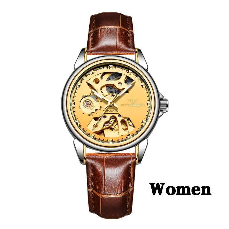 Новые модные женские механические часы, дизайн скелета, Топ бренд, роскошные полностью стальные водонепроницаемые женские автоматические часы, Montre Femme - Цвет: leather tone gold
