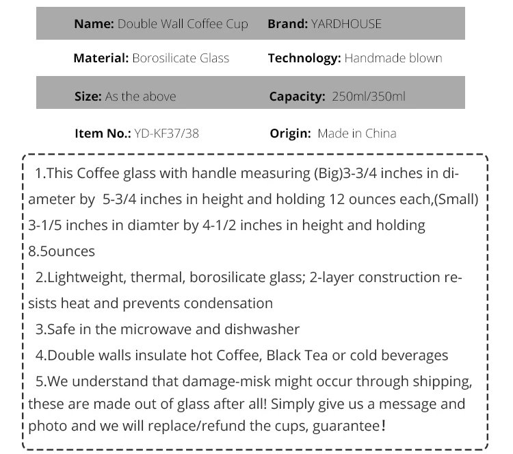 Набор из 2 шт. 250/350ml Новая мода с двойными стенками, кофейная чашка жаропрочного боросиликатного стекла на позднюю смешанные чашка для питья 8,5/12 унций