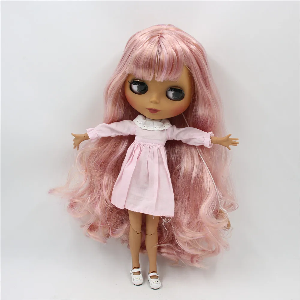 Кукла Blyth 1/6 шарнирная с черным матовым лицом и розовыми пурпурными волосами №