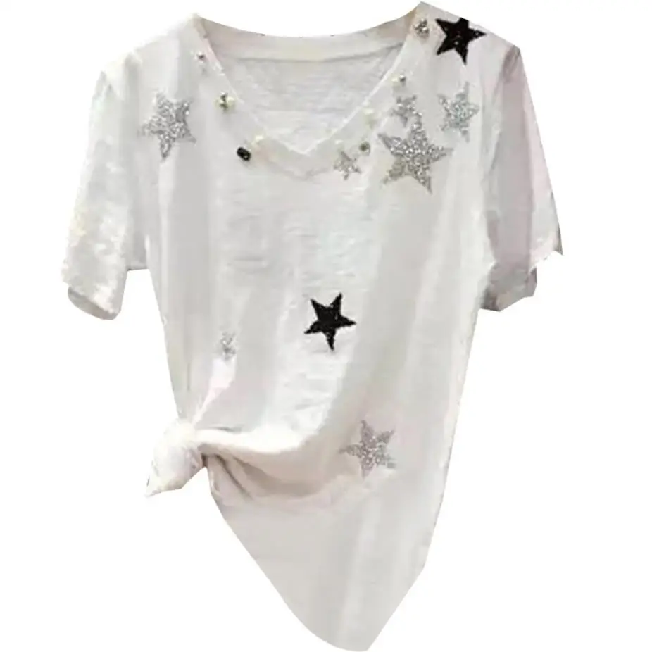 

2019 Summer fashion STAR Beaded V-neck Bamboo Cotton T-Shirt Women Short Sleeve Loose tops tees