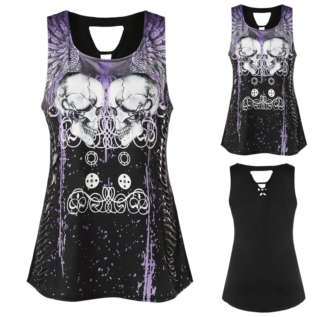 

blusas mujer de moda 2019 women's blouse shirt Womens Sleeveless Skull Print Cut Out Tank Top Casual Summer Shirt Blouses shein