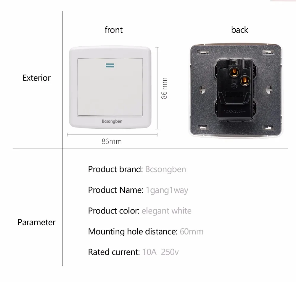 Bcsongben, Международный стандартный переключатель, настенный светильник, переключатель, кнопочный, роскошный, белый, Pc pannel, 1 банда, 1 способ, AC110V-250V