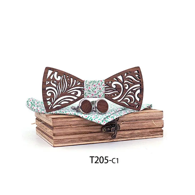  Wooden Bow Tie Set And Handkerchief Cufflinks Bowtie Necktie Gift For Men Wedding Party