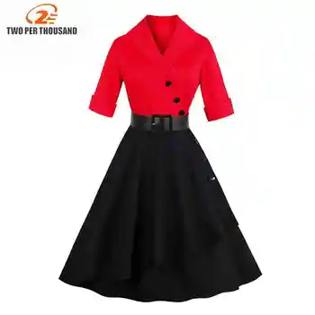 

S -3xl 4xl Plus Size Women Vintage Clothes Spring Robe Pin Up Red Patchwork Black Dress Of The Half Shell Tunika Midi Dress