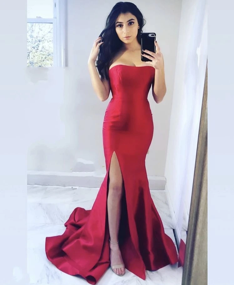 Red silk strapless dress Clearance