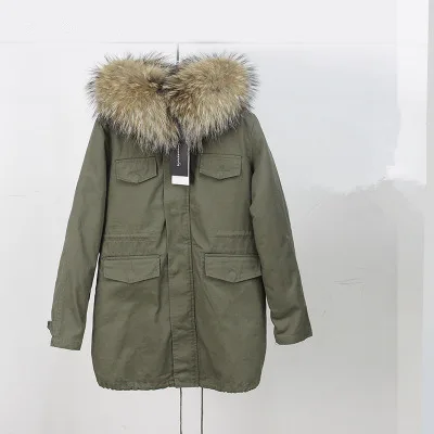 Высокое качество,, длинное пальто из натурального меха, зимняя куртка для женщин, парка с воротником из меха енота, Женская Стеганая куртка с капюшоном - Цвет: Vintage Army Green