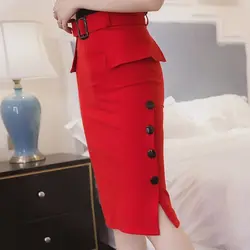 Сексуальные тонкие женские юбки с высокой талией, с поясом на пуговицах, однотонные красные офисные женские длинные юбки, универсальные