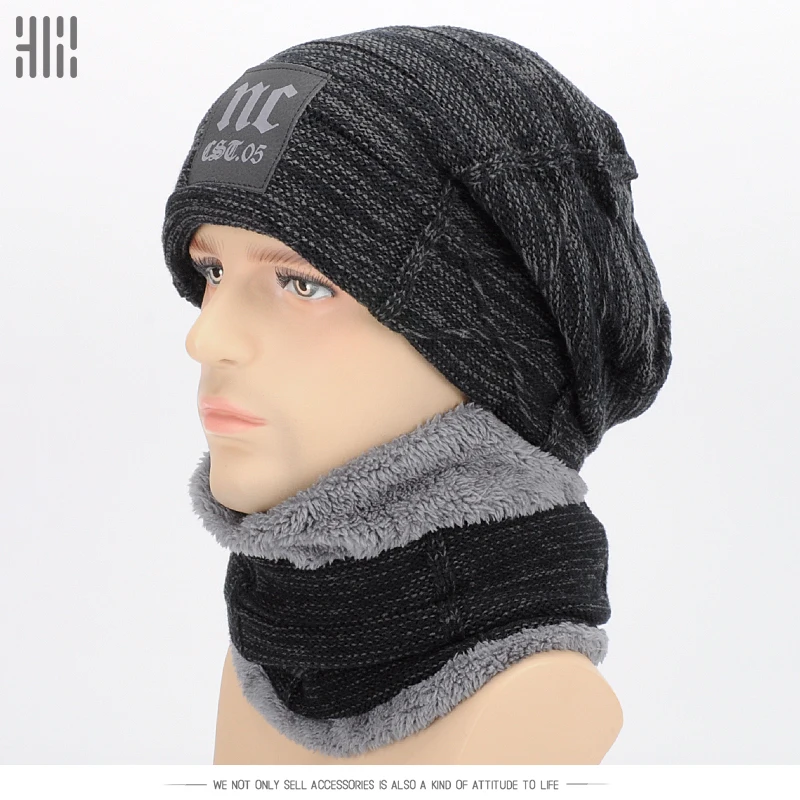 

Ski Set Men Hat Windproof Winter Lic Outdoor Knitted Thermal Thick Snow Woolen Cap Male Scarf Collar Wrap New Year Father Gfit