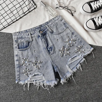 

Women Shorts Beading Jeans Casual Shorts High Waist 2019 Summer Fashion Ripped Hole Hollow Out Denim Short Jeans Feminino WH53