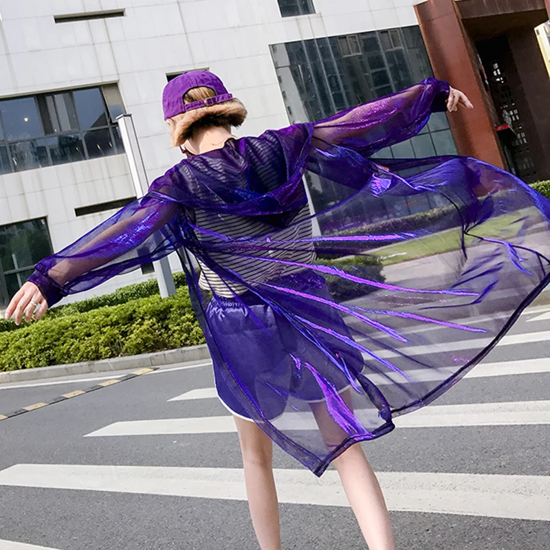 low cost  Shimmer Women's Summer Jacket Long Hooded Sunscreen Coat Loosen Perspective Womens Clothing Hot Sal