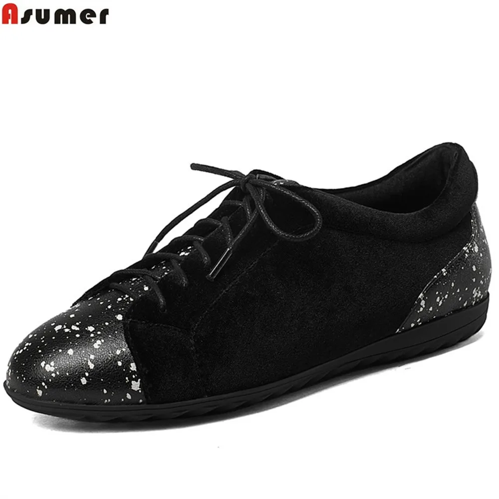 

ASUMER black fashion spring autumn ladies shoes round toe lace up casual women flock+cow leather shoes flats