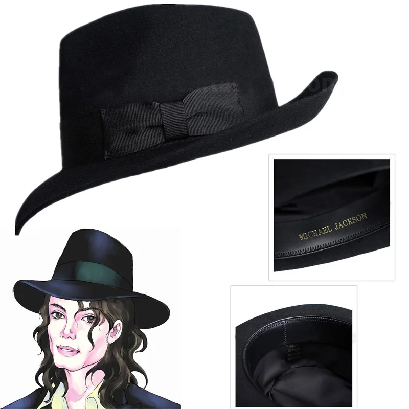 

High Quality Woolen Hat Australian Wool 1:1 Michael Jackson Concert Dance Fedoras Classic Black Wide Brim Jazz Gentleman Hats