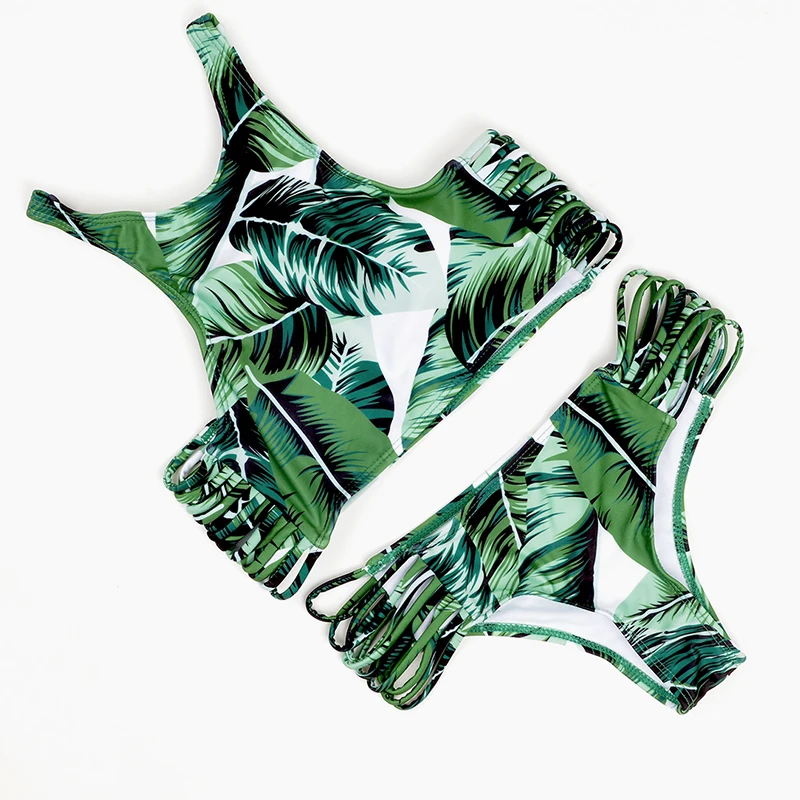 Kaufen 2018 bademode High Neck Frauen Badeanzug Bikinis Set Push Up Brazilian Sexy Tanga Badeanzug Blatt Drucken Floral Biquini Bademode