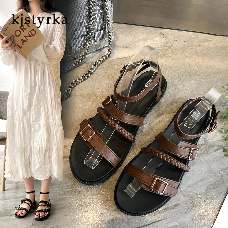 

Kjstyrka leather retro fashion summer shoes women sandals open toe simple top quality buckle strap non sliping sandalias mujer