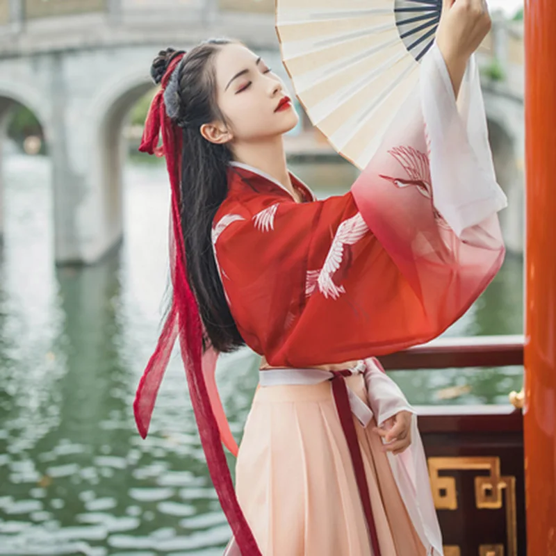 Женский костюм Hanfu, китайский стиль, Студенческая Китайская древняя и традиционная одежда, женское Красное элегантное платье для народных танцев DQL731 - Цвет: Tops and skirt