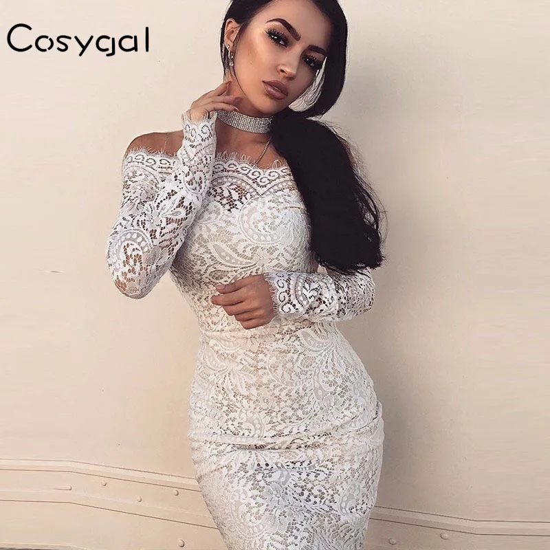 

COSYGAL white Lace summer Dress Elegant off shoulder Brief sexy Mini Dress full sleeve Hollow Out Floral party Dresses Women