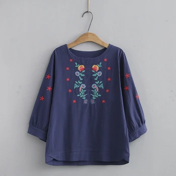 

Plus Size Women Blouse Floral Embroidery 3/4 Sleeve Women Tops OL Blouses