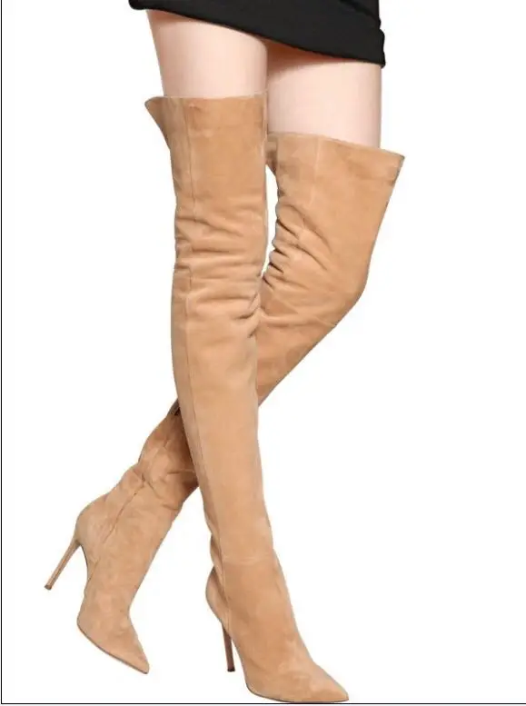 Sexy Crotch Long Black Tan Suede Leather Stretch Over The Knee Boots Woman Shoes thin High Heel Sock zip Botas Mujer Invierno | Обувь
