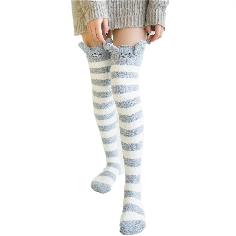 

2019 Winter Japanese Mori Girl Animal Modeling Knee Striped Cute Kawaii Cozy Long Thigh High Socks Compression Winter Warm Sock