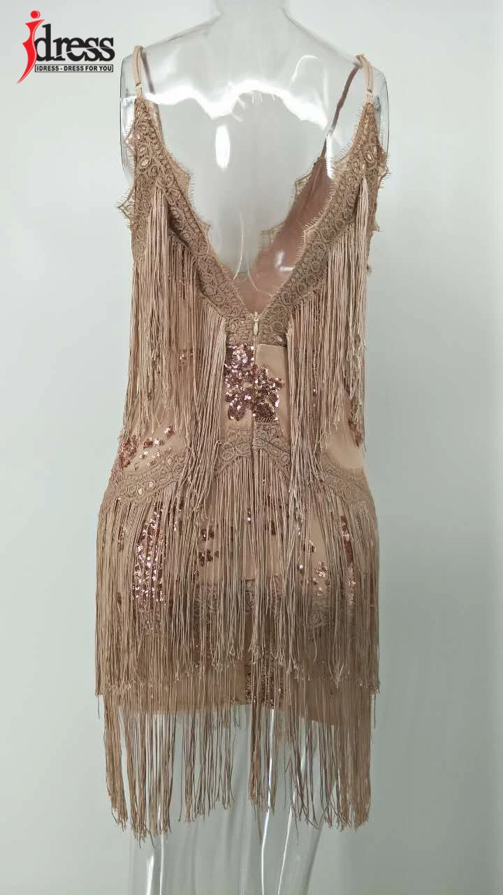 IDress Luxury Sexy Women Summer Sequin Dress 2018 Casual Sleeveless Tassel V Neck Club Party Dresses Gown Woman Bodycon Vestidos (1)