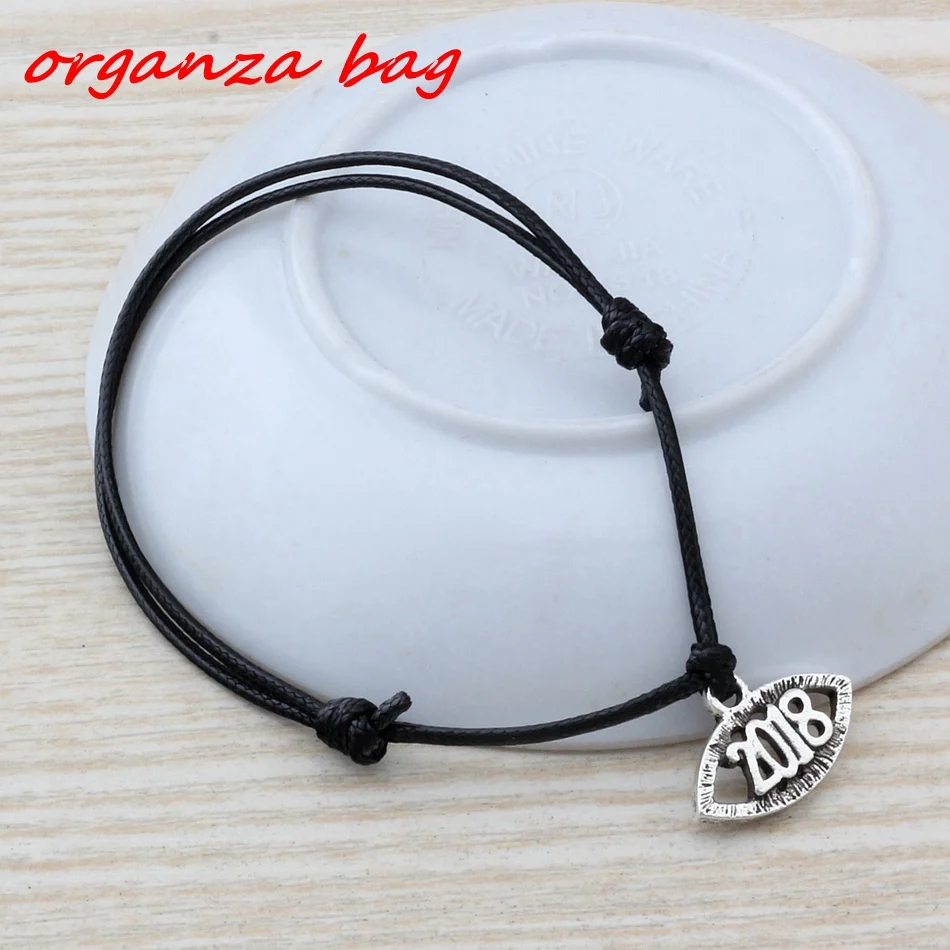 

Hot ! 2pcs Adjustable Bracelets Antique silver Alloy " 2018 "Charm Adjustable black Waxes rope Bracelet B-62