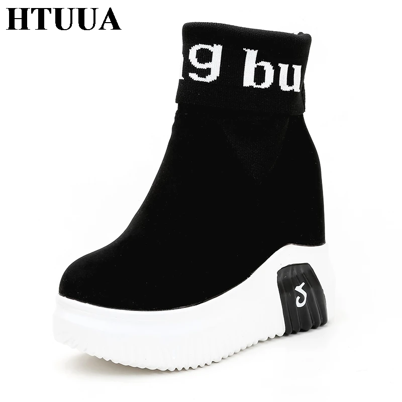 

HTUUA Autumn Winter Boots Women Casual Wedge Platform Shoes Black Motorcycle Martin Boots Flock Knitted Sock Boots SX1779