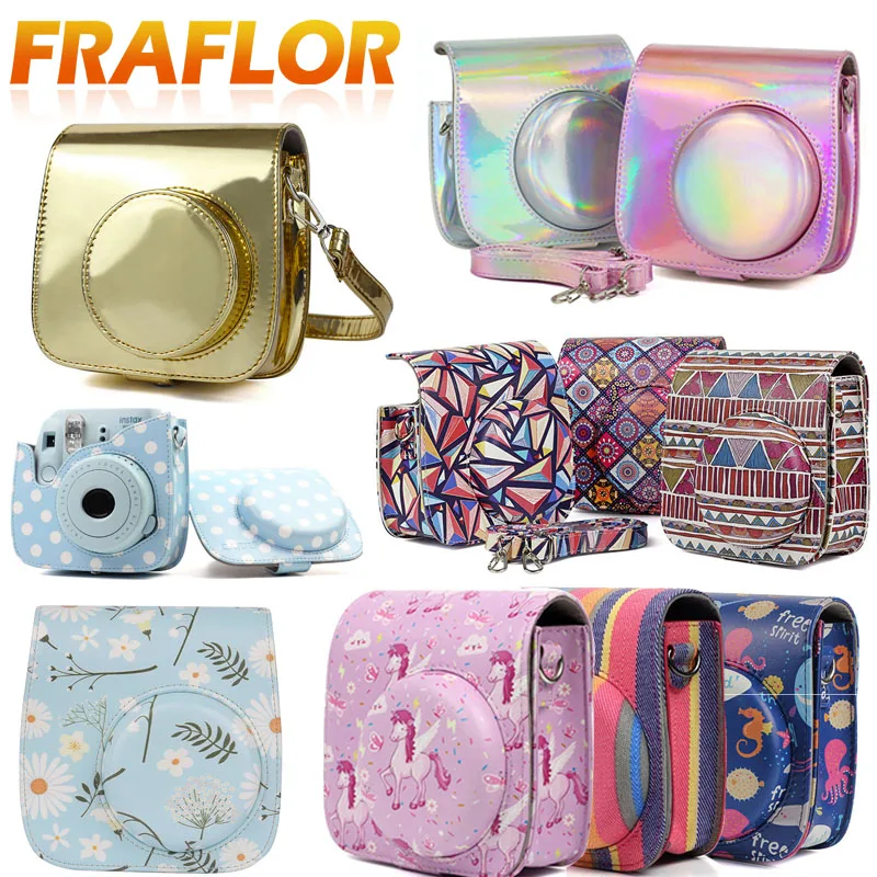 

Flowers Pattern PU Leather Camera Shoulder Bag Protector Cover Case Pouch For Fujifilm Instax Mini 8 8+9 Camera Shell With Strap